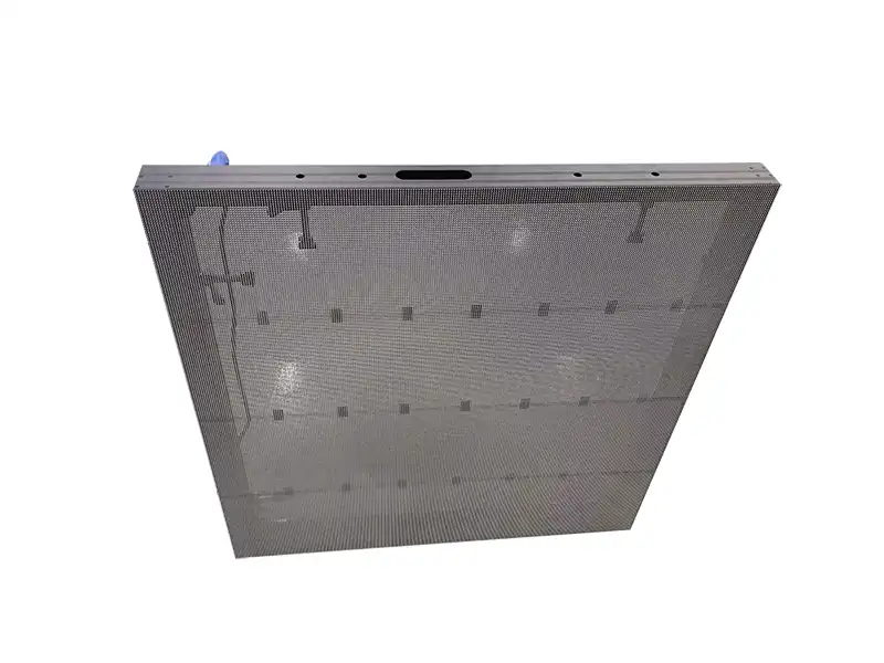 Holographic Transparent LED Film Screen 7 Adhaiwell aluminum profile cabinet for holographic transparent LED screen, showing slim industrial design, mounting holes, and mesh LED panel for retail and architectural installations