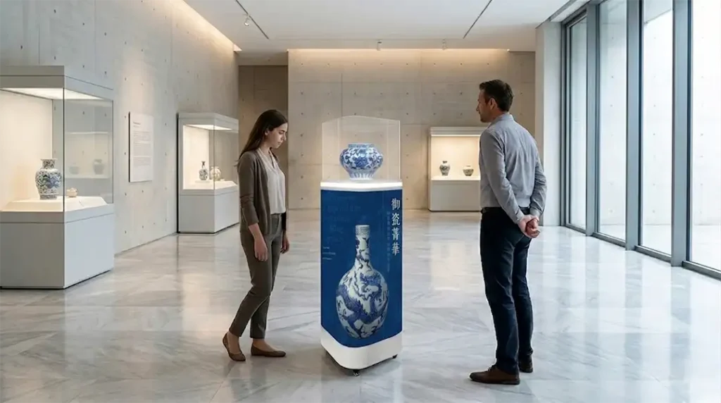 Adhaiwell curved wheeled LED pedestal display case in museum, China manufacturer showcase for cultural heritage & antique exhibits