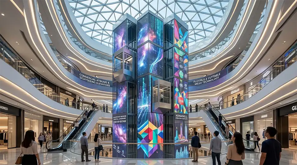 Holographic Transparent LED Film Screen 12 Immersive digital landmark in a commercial atrium featuring Adhaiwell’s cuttable holographic LED screens fitted to sightseeing elevator glass