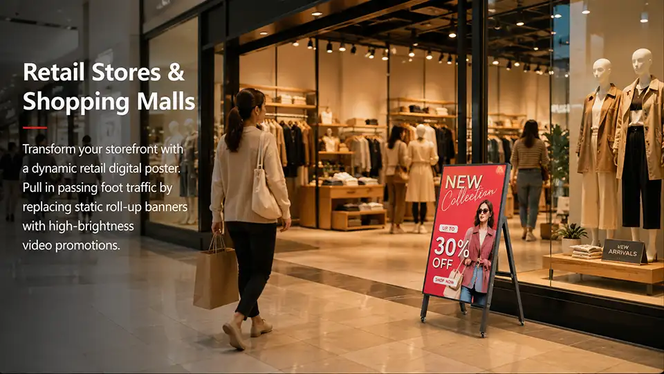 Adhaiwell wheeled digital poster sign for retail stores and shopping malls, high-brightness LED display replacing static banners to drive foot traffic