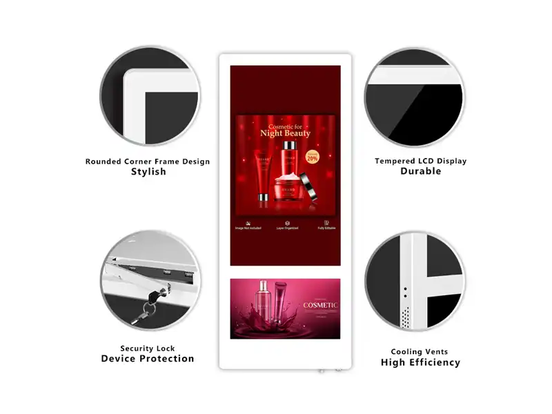 Adhaiwell elevator LCD digital signage, China manufacturer with rounded frame, tempered screen, security lock and cooling vents for elevator advertising
