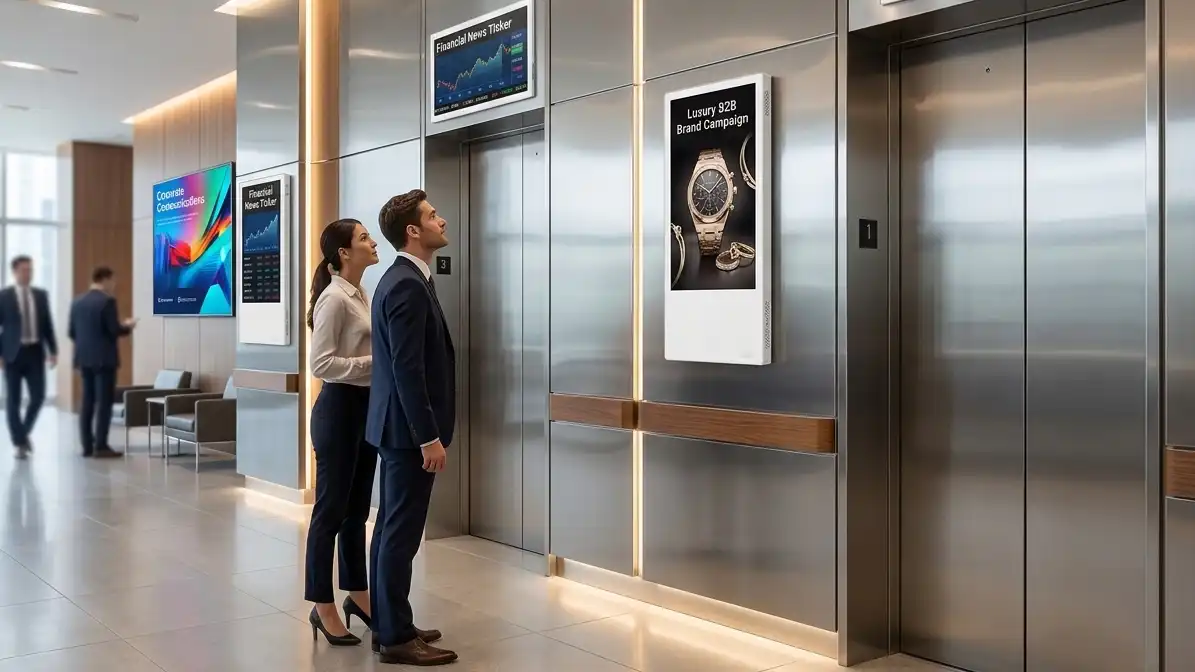 Adhaiwell elevator LCD digital signage for corporate office buildings, China manufacturer elevator advertising display for B2B and internal communications