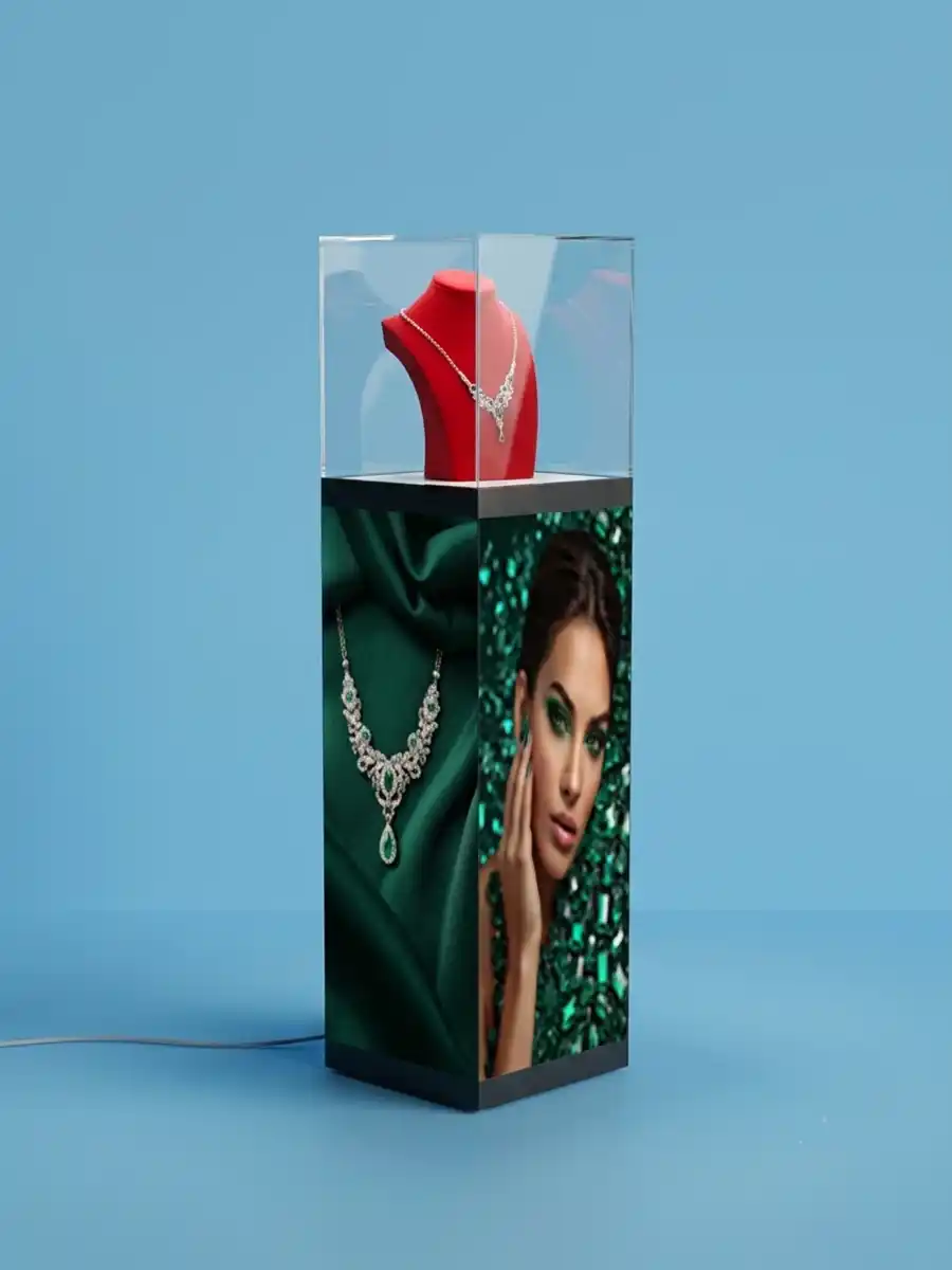 Adhaiwell fixed 4-sided LED pedestal display case, China manufacturer seamless LED showcase with acrylic top for jewelry retail