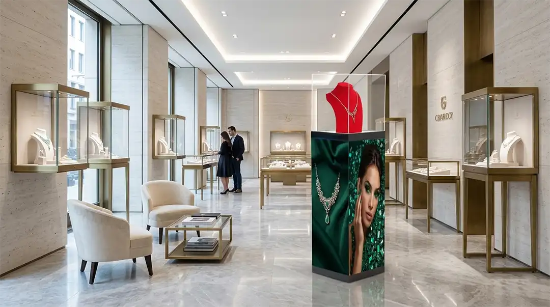Adhaiwell fixed seamless LED pedestal display case in high-end jewelry boutique, China manufacturer showcase for luxury retail