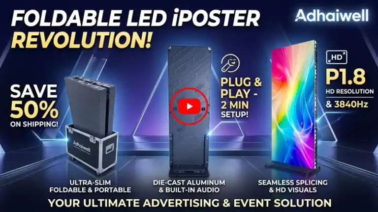 Adhaiwell Foldable LED iPoster Display – Ultra-slim, portable die-cast aluminum LED poster screen with built-in audio, P1.8 HD resolution, plug-and-play setup, seamless splicing for advertising and events, with travel case