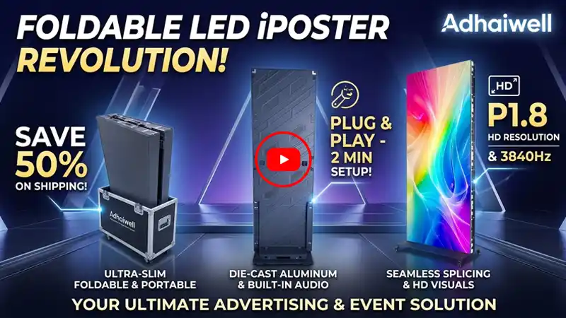 Adhaiwell Foldable LED iPoster Display – Ultra-slim, portable die-cast aluminum LED poster screen with built-in audio, P1.8 HD resolution, plug-and-play setup, seamless splicing for advertising and events, with travel case