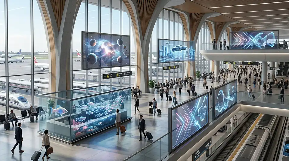 Holographic Transparent LED Film Screen 11 Transparent LED film screens installed on airport terminal glass partitions showing dynamic car advertisements without blocking passenger views.