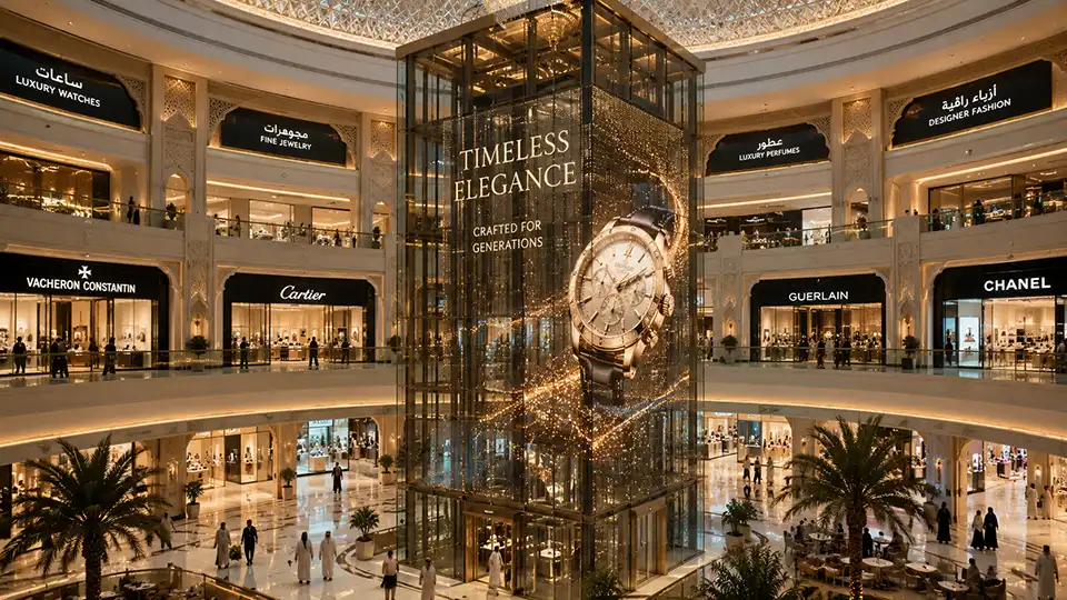 Adhaiwell indoor transparent LED display installed on a glass elevator enclosure in a luxury Middle Eastern shopping mall atrium, showcasing premium watch advertisements, by a leading Chinese manufacturer and supplier