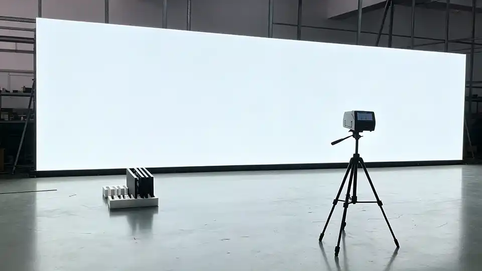 Adhaiwell factory technician calibrating LED display brightness with SRC200s spectral color luminance meter on tripod