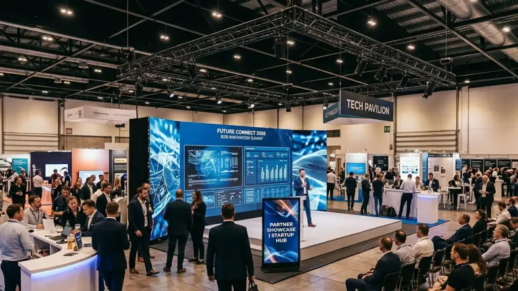 A professional corporate trade show booth with a massive seamless Adhaiwell LED display wall serving as the main backdrop, showcasing dynamic corporate presentation graphics, live data visualizations, and abstract motion patterns in a busy exhibition hall