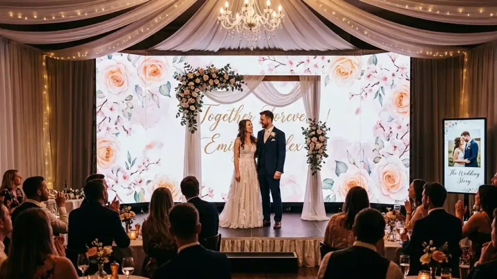 A romantic indoor wedding reception with the couple standing beneath a floral arch on stage, set against a seamless Adhaiwell LED screen displaying soft pink floral visuals and golden calligraphy, with guests in attendance