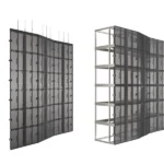 Adhaiwell large-scale curved transparent LED video wall installed for outdoor events and building facades, showing modular rigging and support structure.