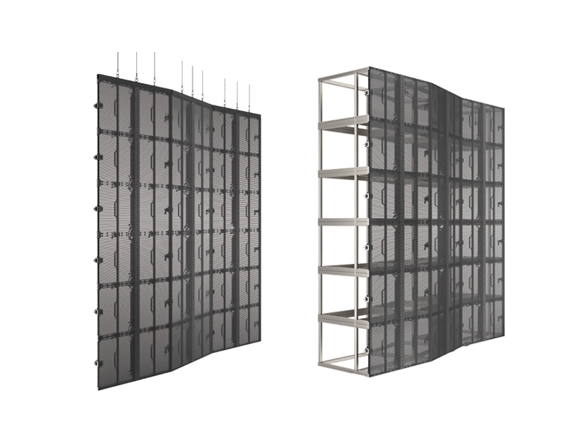 Adhaiwell large-scale curved transparent LED video wall installed for outdoor events and building facades, showing modular rigging and support structure.