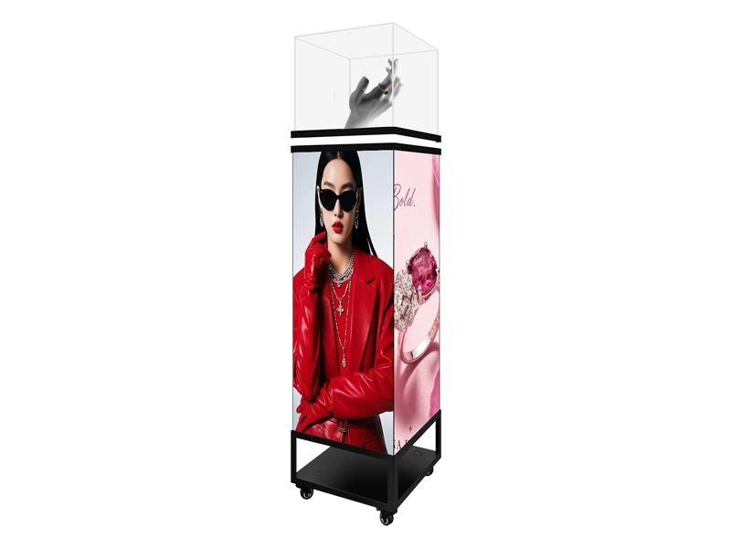 Adhaiwell mobile 3D LED pedestal display case with wheels, China manufacturer 4-sided LED showcase for luxury jewelry retail
