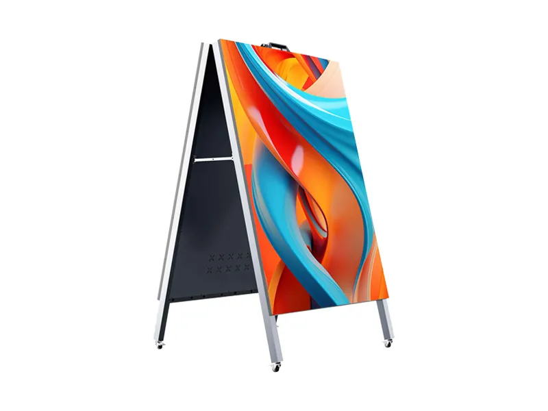 Adhaiwell double-sided portable LED digital signage on wheels, dual-screen mobile digital A-board for sidewalk, retail and restaurant front-of-house advertising