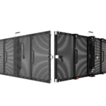 Modular connection of Adhaiwell outdoor transparent LED screen panels showing quick-lock system for seamless assembly.