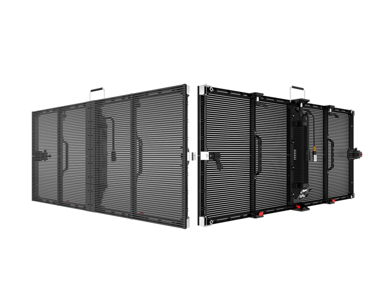 Modular connection of Adhaiwell outdoor transparent LED screen panels showing quick-lock system for seamless assembly.
