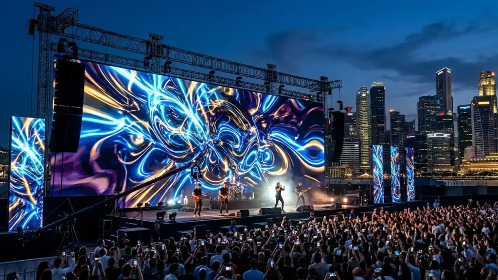 Massive modular outdoor rental LED video wall serves as a concert stage backdrop, displaying vibrant abstract visuals during a live music performance in Singapore