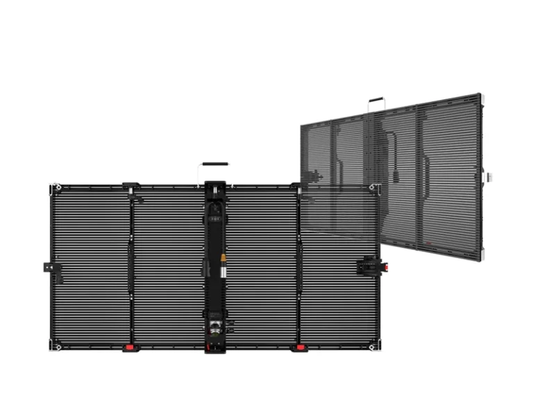 Adhaiwell outdoor rental transparent LED screen cabinet, 1000x500mm modular design with quick-lock connectors for fast installation.