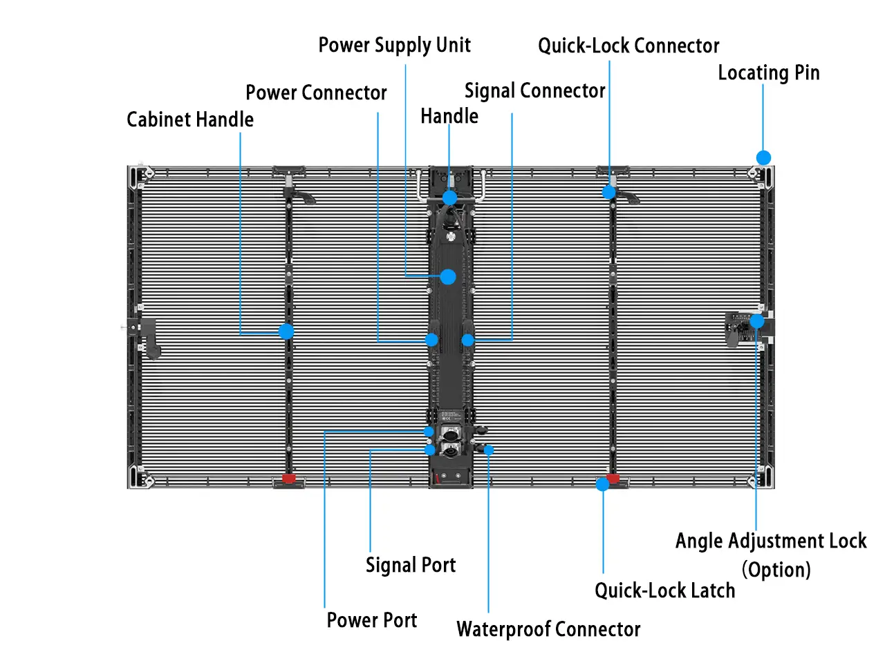 key components of Adhaiwell outdoor transparent LED screen cabinet, including quick-lock connectors, waterproof ports, and modular handles for fast installation.