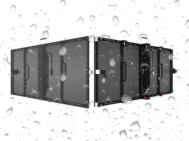 Adhaiwell outdoor transparent LED screen cabinet with IP65 waterproof design, shown in a rain simulation test with clean, minimalist tech background.