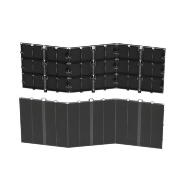 Adhaiwell transparent LED screen cabinets showing multi-angle straight and V-shaped configurations, demonstrating flexible modular assembly for stage and facade projects.