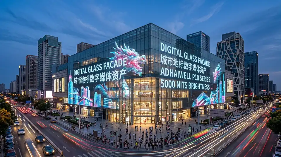 Holographic Transparent LED Film Screen 9 Massive glass curtain wall of a modern shopping mall transformed into a digital media facade using Adhaiwell P10 transparent LED film.