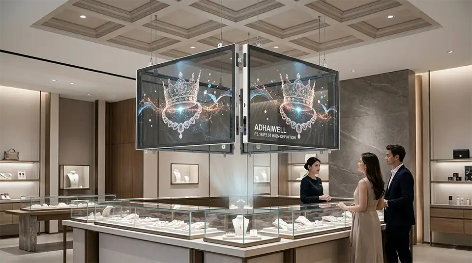 Holographic Transparent LED Film Screen 10 4-sided hanging holographic transparent LED screen cube by Adhaiwell displaying a floating crown in a luxury jewelry flagship store.