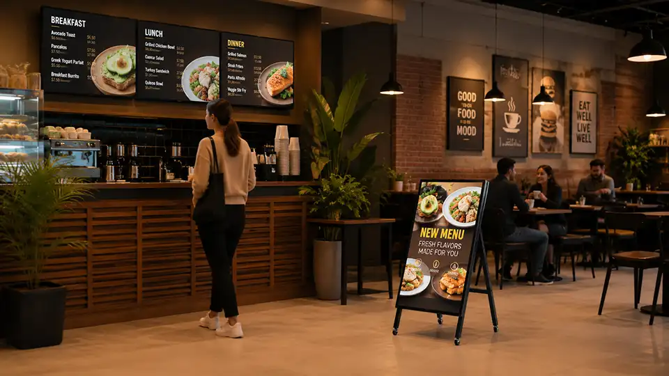Adhaiwell wheeled portable digital menu board for restaurants and food chains, app-controlled LED display for instant breakfast/lunch/dinner menu shifts