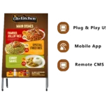 Adhaiwell portable LED digital menu board with wheels, supporting USB Plug & Play, mobile app and remote CMS for restaurant menu updates
