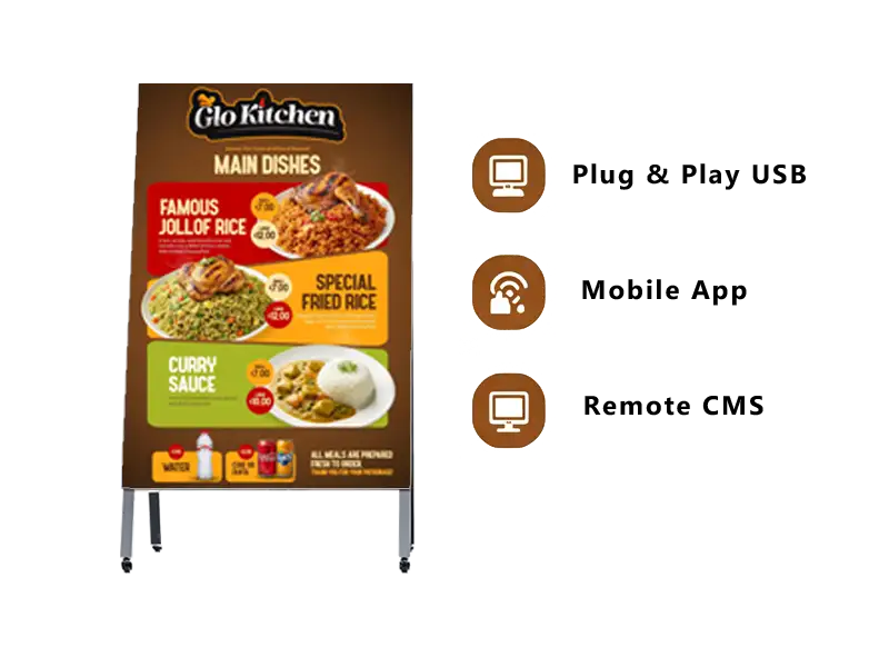 Adhaiwell portable LED digital menu board with wheels, supporting USB Plug & Play, mobile app and remote CMS for restaurant menu updates