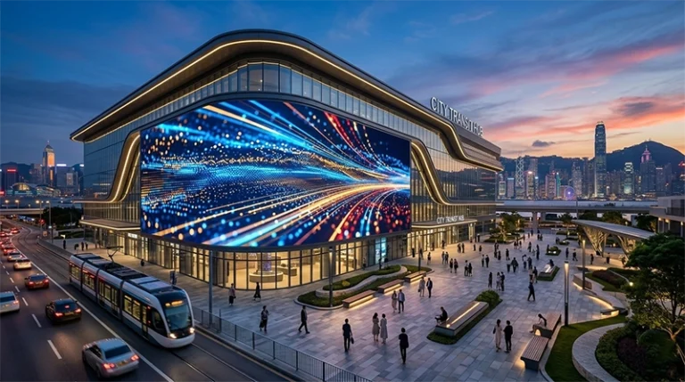The Ultimate LED Display Glossary: Pixel Pitch, Nits, Refresh Rate – And the Hidden Specs That Matter 13 A massive high-resolution outdoor LED billboard manufactured by Adhaiwell Display, integrated into a modern city transit hub architectural facade at sunset, showcasing vibrant digital content with high nits and pixel density.