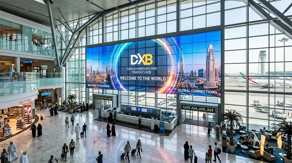 Adhaiwell transparent LED display installed on glass curtain wall at Dubai International Airport (DXB), showing vibrant Dubai cityscape content in a busy transit hub by a Chinese manufacturer.