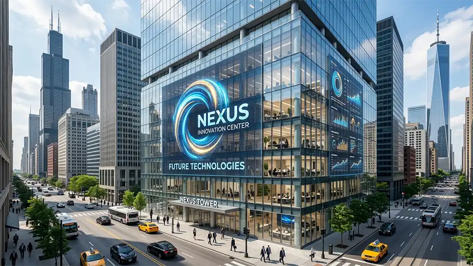 Adhaiwell transparent LED display installed on the glass curtain wall of a modern US commercial office tower, showing corporate branding and data visualizations, by a leading Chinese manufacturer and supplier