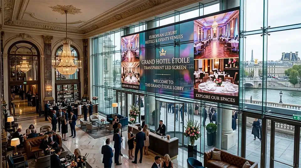 Adhaiwell transparent LED display installed in the lobby of a European luxury 5-star hotel, showcasing event venue promotions, by a leading Chinese manufacturer and supplier.