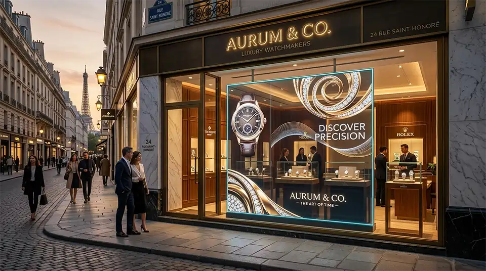 Adhaiwell transparent LED display installed in the storefront window of a luxury watch boutique in Paris, showcasing premium watch advertisements, by a leading Chinese manufacturer and supplier.