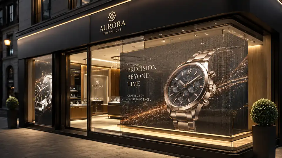Adhaiwell transparent LED display installed in the street-level window of a luxury watch boutique, showcasing premium timepiece advertisements, by a leading Chinese manufacturer and supplier.