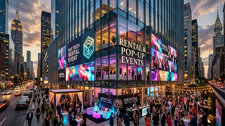 Adhaiwell transparent LED display installed on a glass curtain wall for a rental pop-up event in New York City, showcasing vibrant event visuals, by a leading Chinese manufacturer and supplier