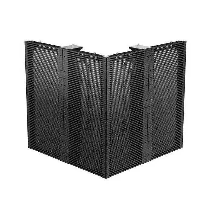 Adhaiwell transparent LED screen cabinets forming a 90° corner configuration, showing 45° angle-cut design for seamless right-angle displays.
