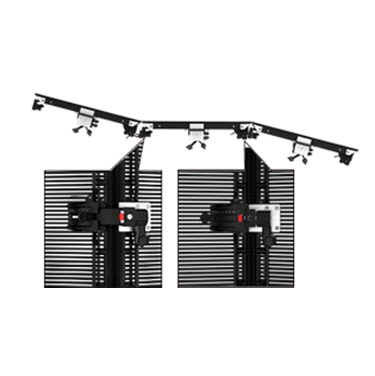 Close-up view of Adhaiwell transparent LED screen arc locking mechanism, showing adjustable connectors for curved and angled cabinet assembly