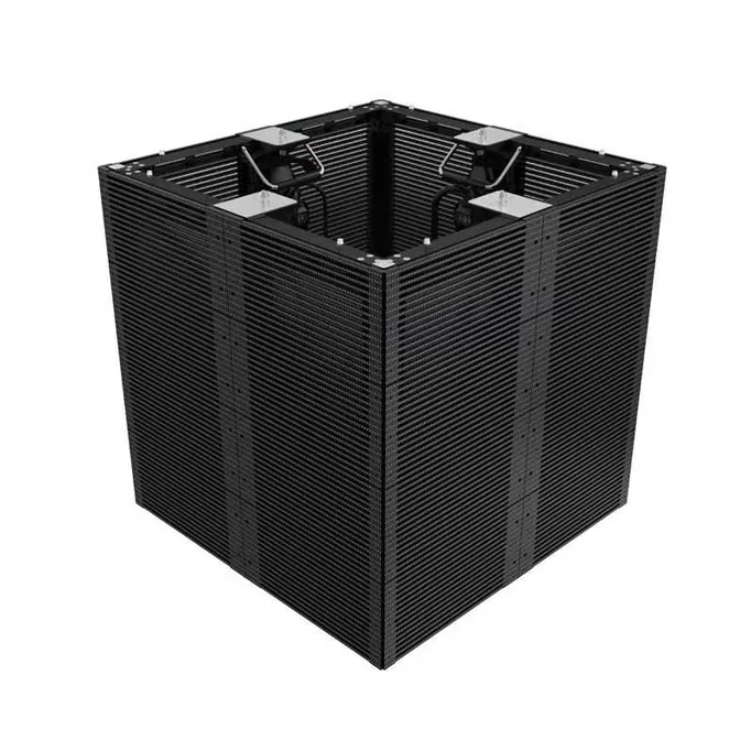 Adhaiwell transparent LED screen cabinets assembled into a 360° cube configuration, showcasing full-surround display capability