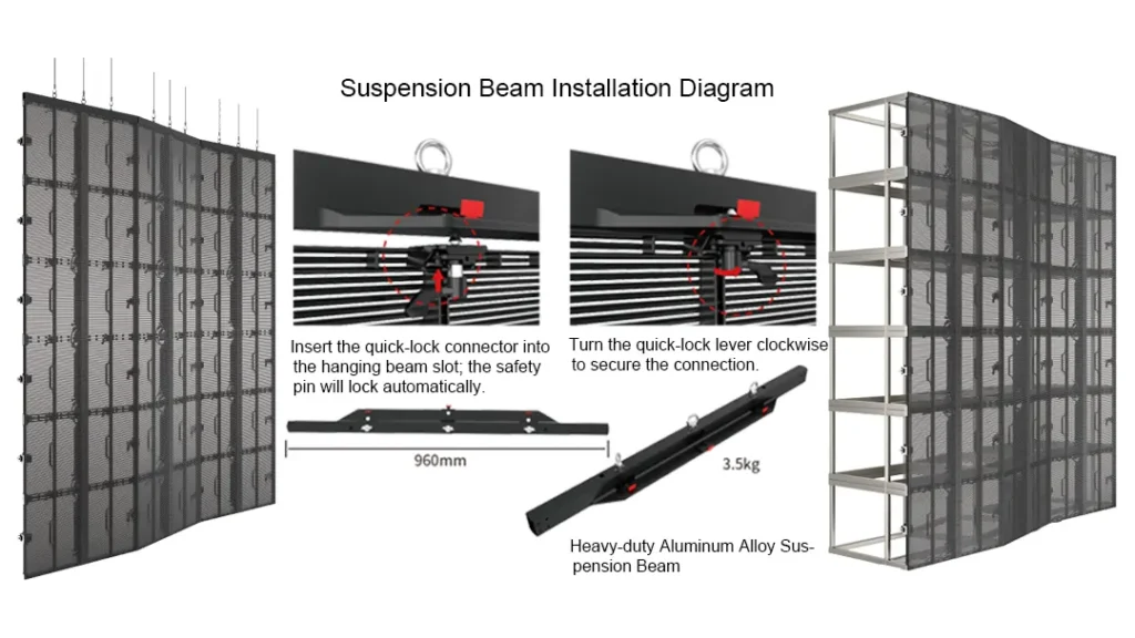 Installation diagram of Adhaiwell transparent LED screen suspension beam system, showing quick-lock connectors, safety pins, and hanging/ground support configurations for easy setup.