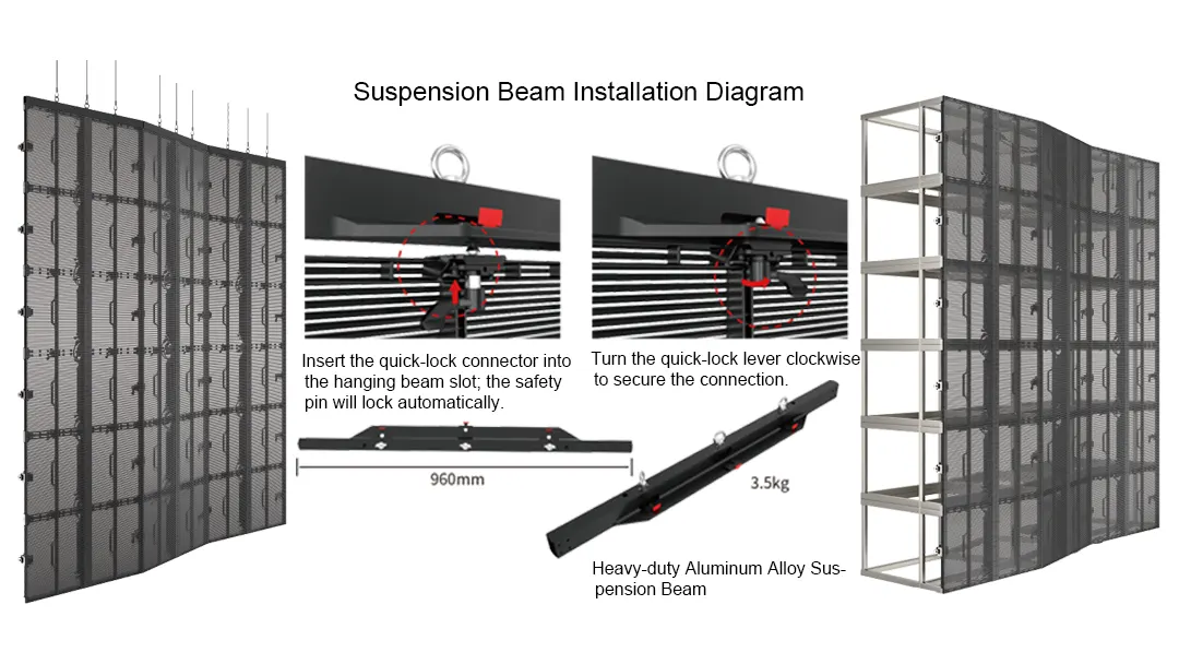 Installation diagram of Adhaiwell transparent LED screen suspension beam system, showing quick-lock connectors, safety pins, and hanging/ground support configurations for easy setup.
