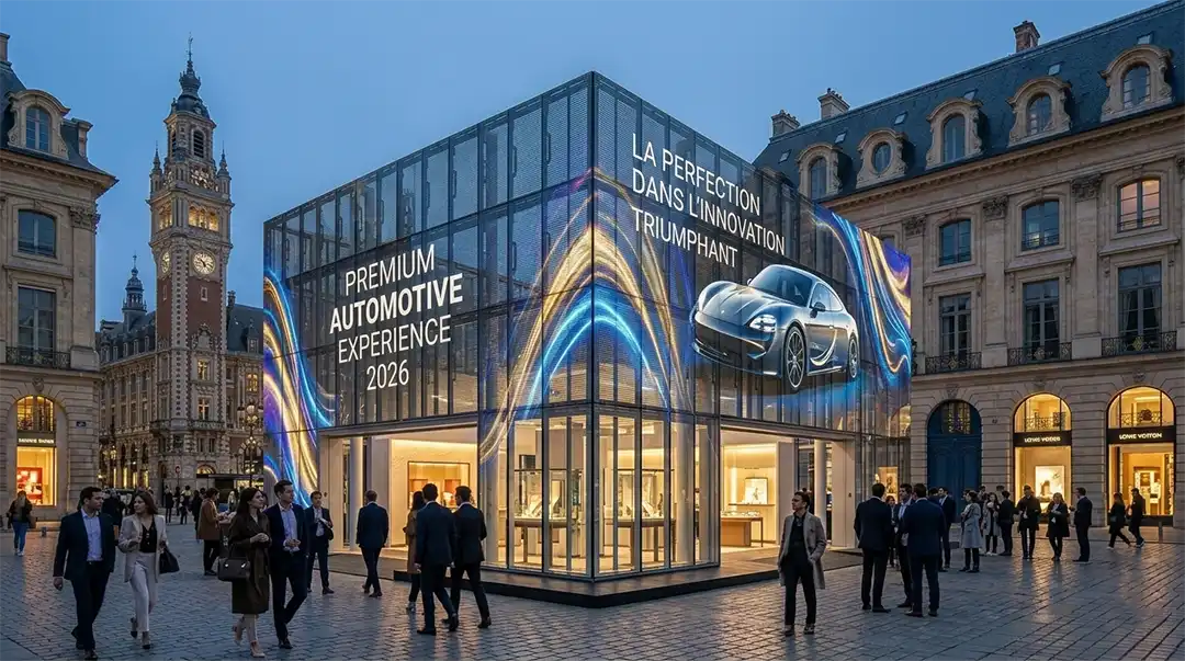 Adhaiwell transparent LED display wrapping a pop-up store cube, showcasing automotive brand visuals in a historic city square.
