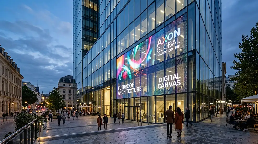 Adhaiwell transparent LED screen installed on a modern office building glass facade, displaying vibrant digital content in an urban plaza setting at dusk.