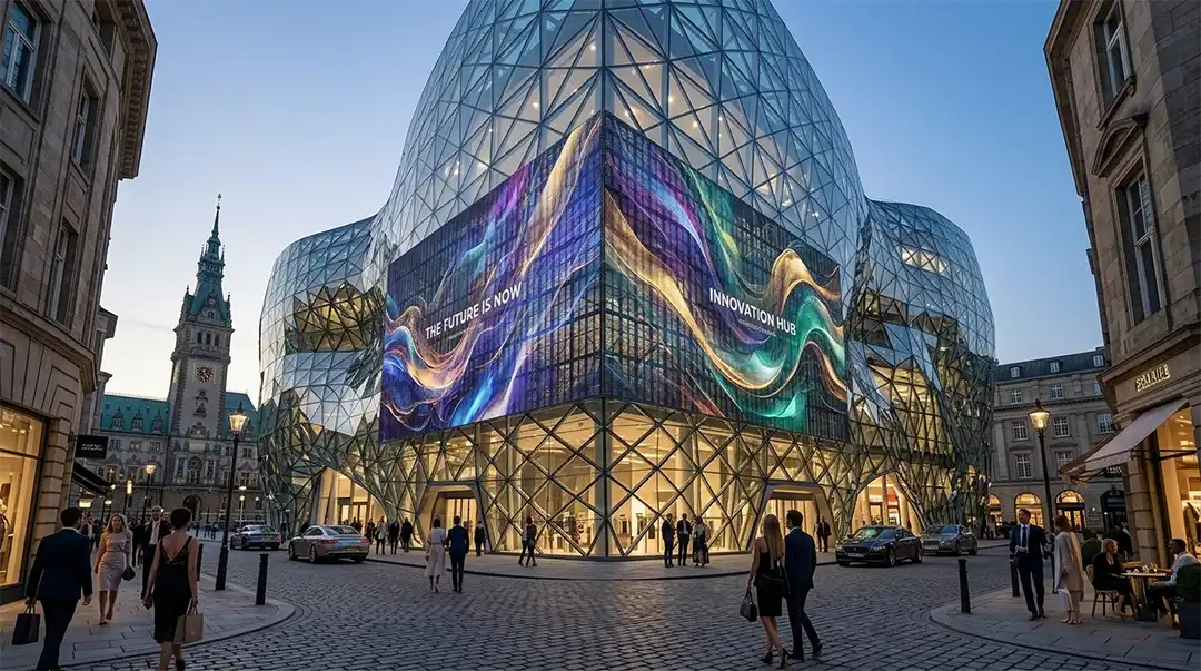 Adhaiwell transparent LED screen wrapping a modern, geometric building facade, showcasing flowing curved and right-angle designs for innovative architecture.