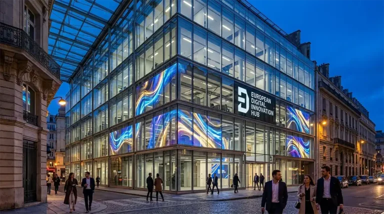Adhaiwell transparent LED display installed on a modern building facade, showing bright, vivid DOOH advertising content in an urban setting at dusk.