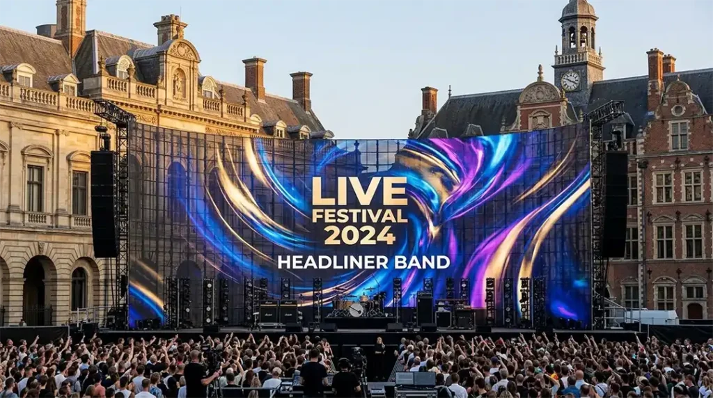 Adhaiwell transparent LED screen as a large live festival stage backdrop, displaying vibrant visuals for a concert in a historic city square.