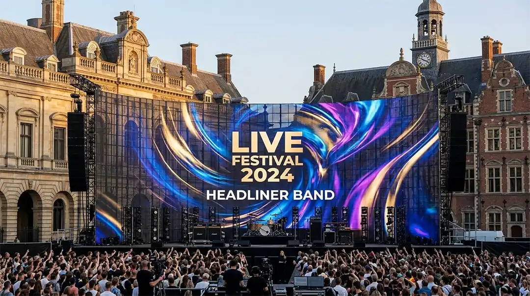 Adhaiwell transparent LED screen as a large live festival stage backdrop, displaying vibrant visuals for a concert in a historic city square.