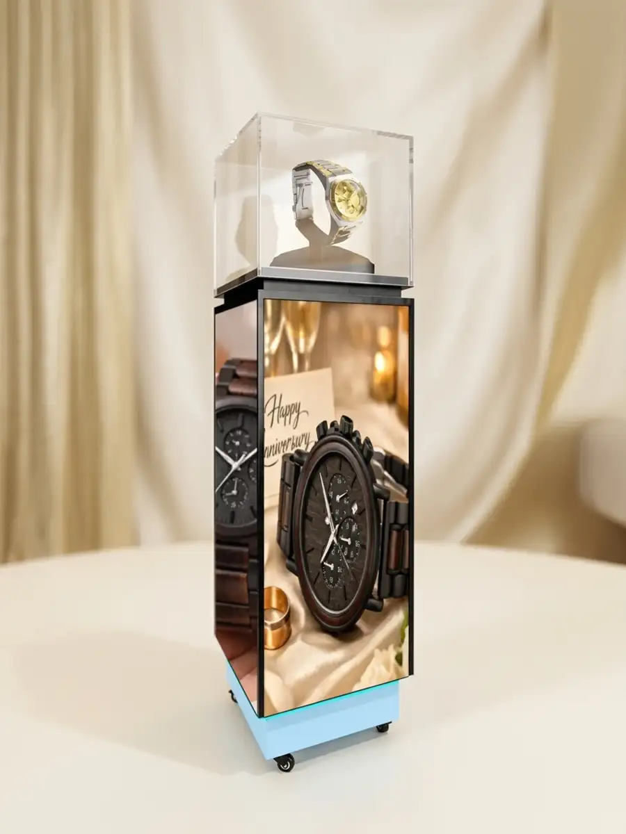 Adhaiwell wheeled 4-sided LED pedestal display case, China manufacturer showcase with illuminated base, acrylic top for watch retail
